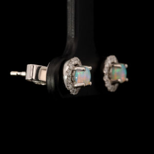 White Gold Blue Green Solid Australian Crystal Opal and Diamond Earrings