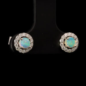 White Gold Blue Green Solid Australian Crystal Opal and Diamond Earrings