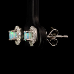 White Gold Blue Green Solid Australian Crystal Opal and Diamond Earrings Jensen Queensland 4818