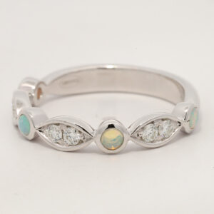 White Gold Blue Green Solid Australian Crystal Opal and Diamond Ring