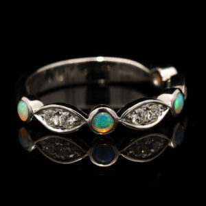 White Gold Blue Green Solid Australian Crystal Opal and Diamond Ring