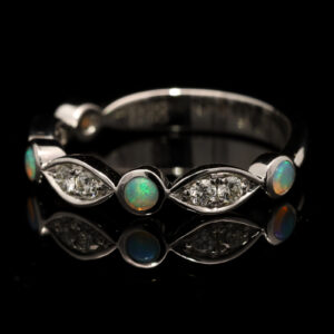 White Gold Blue Green Solid Australian Crystal Opal and Diamond Ring