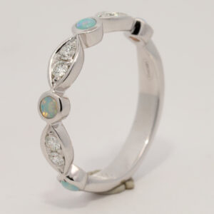 White Gold Blue Green Solid Australian Crystal Opal and Diamond Ring