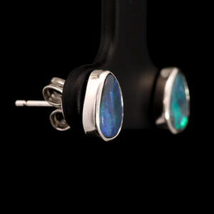 Sterling Silver Blue Green Solid Australian Black Opal Earrings