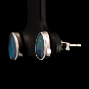 Sterling Silver Blue Green Solid Australian Black Opal Earrings