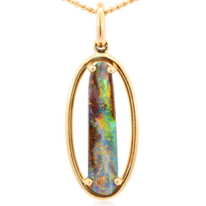 Yellow Gold Blue Green Yellow Orange Solid Australian Boulder Opal Pendant Necklace