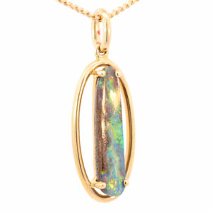 Yellow Gold Blue Green Yellow Orange Solid Australian Boulder Opal Pendant Necklace