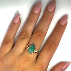Yellow Gold Blue Green Solid Australian Boulder Opal Engagement Ring