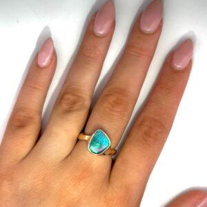 Yellow Gold Blue Green Solid Australian Boulder Opal Engagement Ring