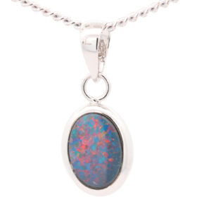 White Gold Blue Green Yellow Orange Red Doublet Opal Pendant