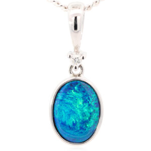 White Gold Blue Green Doublet Opal and Diamond Pendant
