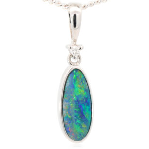 White Gold Blue Green Orange Red Doublet Opal and Diamond Pendant