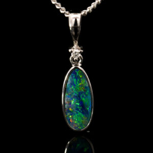 White Gold Blue Green Orange Red Doublet Opal and Diamond Pendant