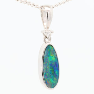 White Gold Blue Green Orange Red Doublet Opal and Diamond Pendant
