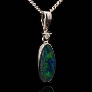 White Gold Blue Green Orange Red Doublet Opal and Diamond Pendant