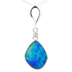 White Gold Blue Green Doublet Opal and Diamond Pendant