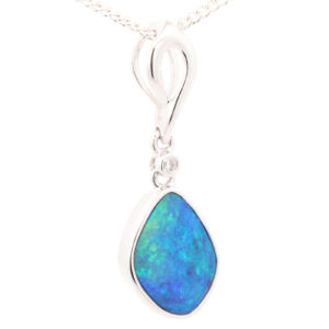 White Gold Blue Green Doublet Opal and Diamond Pendant