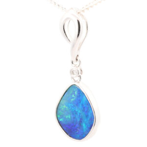 White Gold Blue Green Doublet Opal and Diamond Pendant