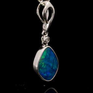 White Gold Blue Green Doublet Opal and Diamond Pendant