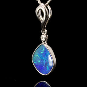 White Gold Blue Green Doublet Opal and Diamond Pendant
