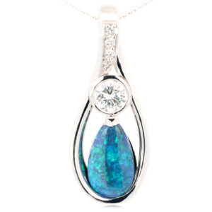 Custom Platinum Blue Green Black Opal and Diamond Pendant