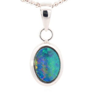 White Gold Blue Green Orange Red Doublet Opal Pendant