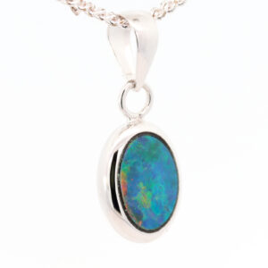 White Gold Blue Green Orange Red Doublet Opal Pendant