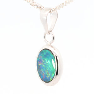 White Gold Blue Green Orange Red Doublet Opal Pendant
