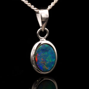 White Gold Blue Green Orange Red Doublet Opal Pendant