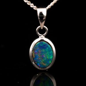White Gold Blue Green Orange Red Doublet Opal Pendant
