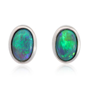 Sterling Silver Blue Green Solid Australian Black Opal Earrings