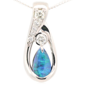 Custom Platinum Blue Green Black Opal and Diamond Pendant