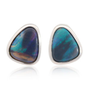 Sterling Silver Blue Green Purple Solid Australian Black Opal Earrings