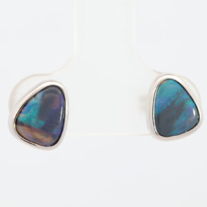 Sterling Silver Blue Green Purple Solid Australian Black Opal Earrings