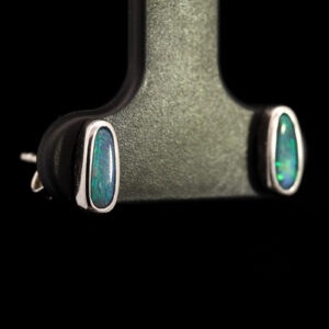 Sterling Silver Blue Green Solid Australian Black Opal Earrings