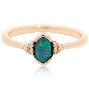 Yellow Gold Blue Green Black Opal and Diamond RIng