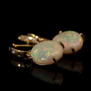 Yellow Gold Blue Green Yellow Orange Crystal Opal and Diamond Earrings
