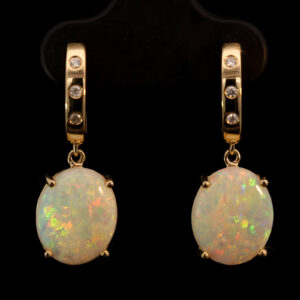 Yellow Gold Blue Green Yellow Orange Crystal Opal and Diamond Earrings