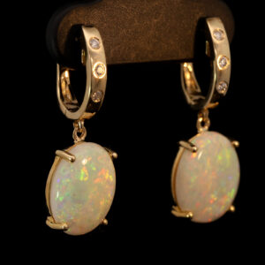 Yellow Gold Blue Green Yellow Orange Crystal Opal and Diamond Earrings