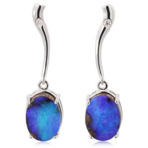 White Gold Blue Purple Boulder Opal and Diamond Earrings