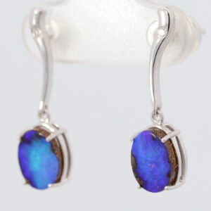 White Gold Blue Purple Boulder Opal and Diamond Earrings