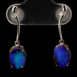 White Gold Blue Purple Boulder Opal and Diamond Earrings