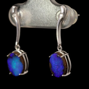 White Gold Blue Purple Boulder Opal and Diamond Earrings