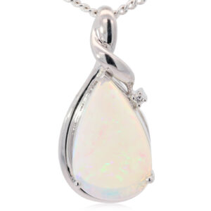 White Gold Blue Green Crystal Opal and Diamond Pendant