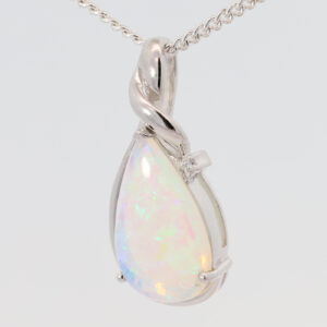 White Gold Blue Green Crystal Opal and Diamond Pendant