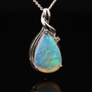 White Gold Blue Green Crystal Opal and Diamond Pendant
