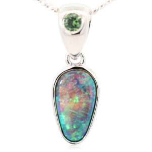 Sterling Silver Blue Green Black Opal and Sapphire Pendant