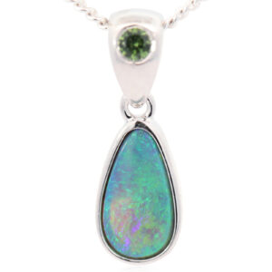 Sterling Silver Blue Green Semi Black Opal and Sapphire Pendant
