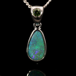 Sterling Silver Blue Green Semi Black Opal and Sapphire Pendant