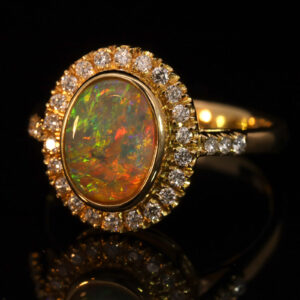 Yellow Gold Blue Green Yellow Orange Red Crystal Opal and Diamond Ring